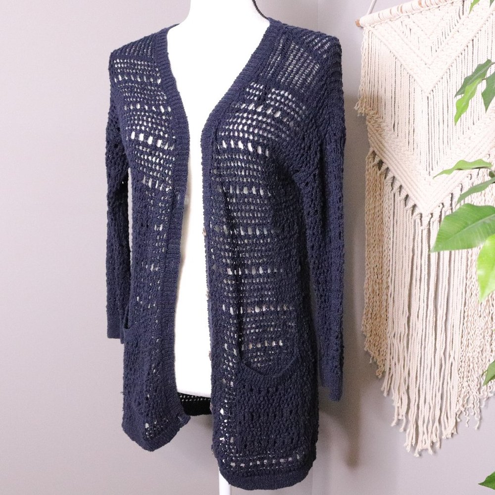 Lucky Brand Open Front Crochet Knit Cardigan Sweater Navy Size Small